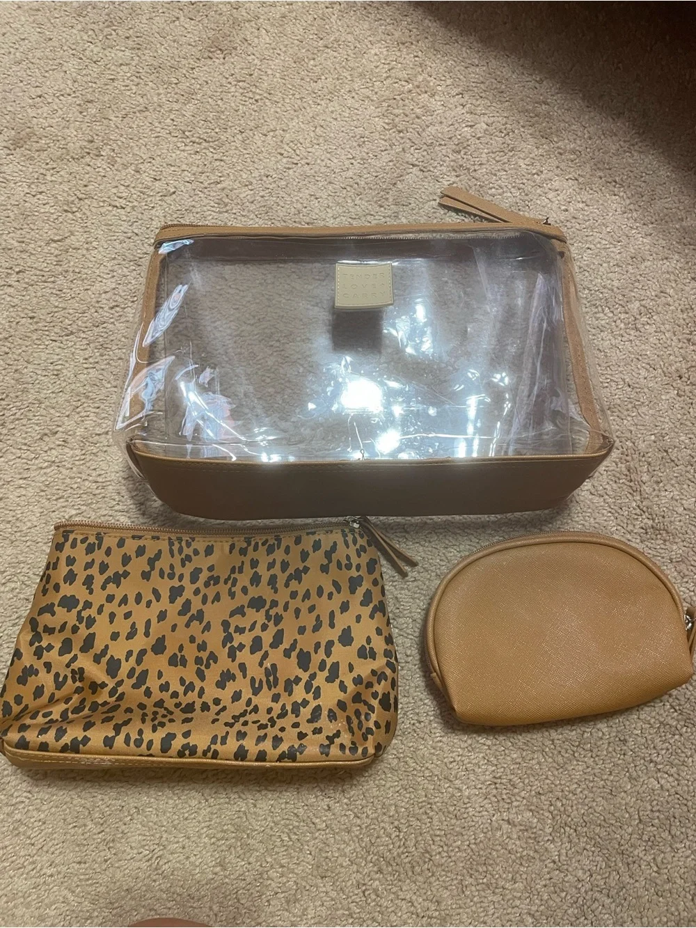 Clear Cosmetic Travel Case with Tan Pouches - Set of 3
